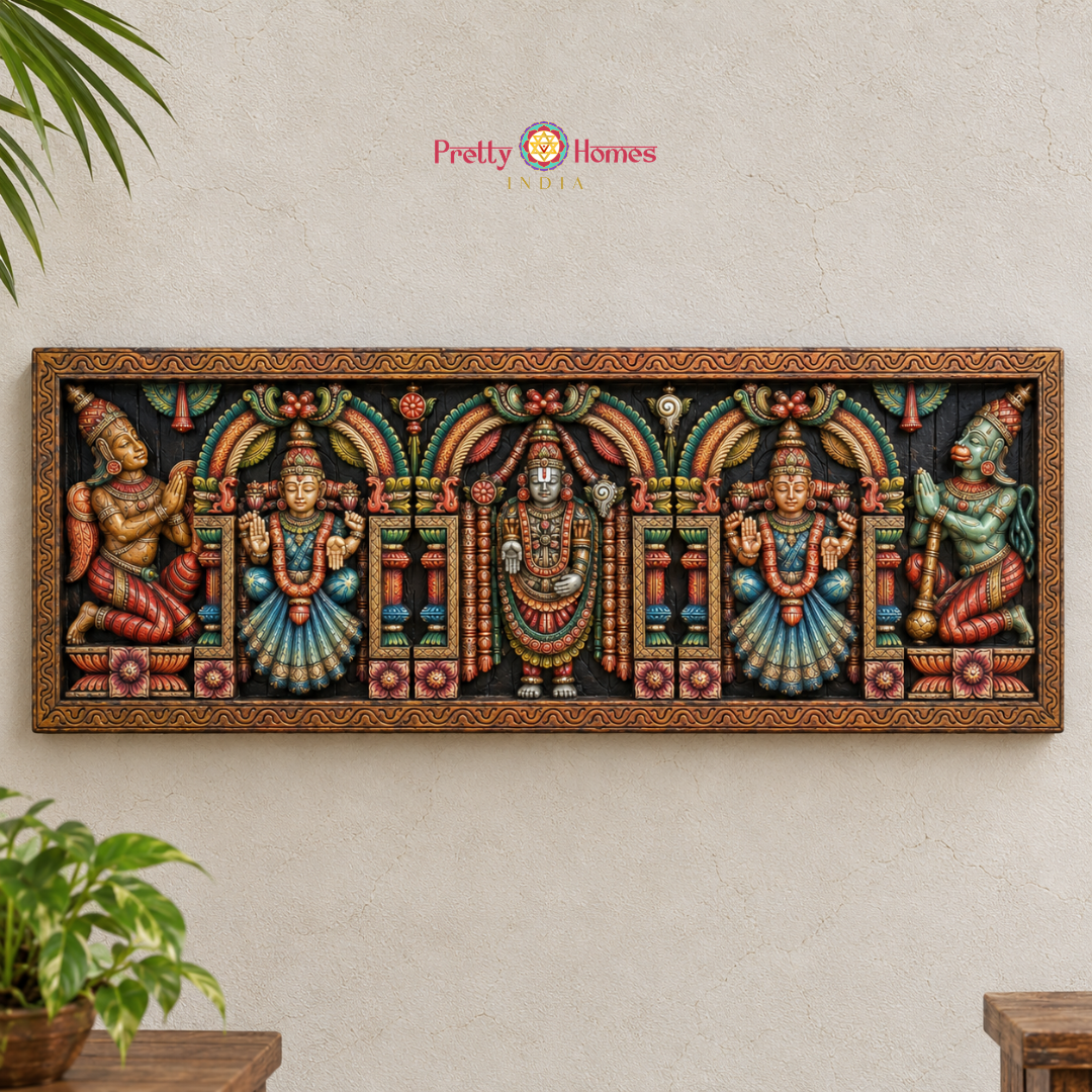 Hand-Carved Balaji with Lakshmi, Padmavati, Garuda & Hanuman Panel