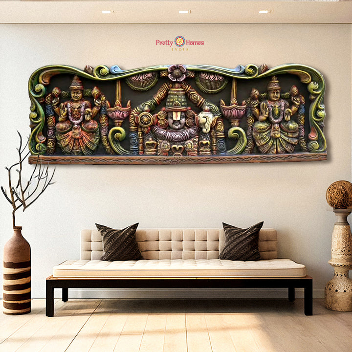 Hand-carved wooden Balaji wall panel with Sridevi and Bhudevi