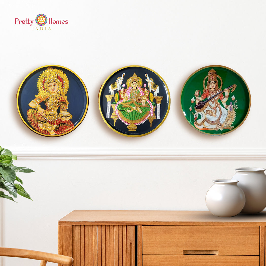 Set of 3 hand painted Hindu female diety wall plates