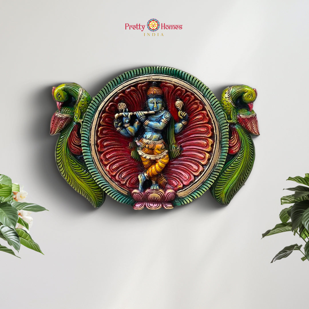 round wooden krishna wall hanging with parrots and floral carvings