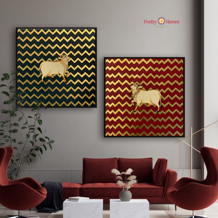 Hand-Painted Pichwai – Cow with Black &amp; Gold Abstract Design