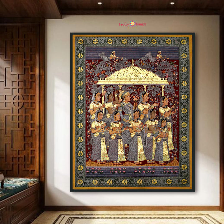 Gopikas in Worship — Vintage-Style Handpainted Pichwai with Detailed Border