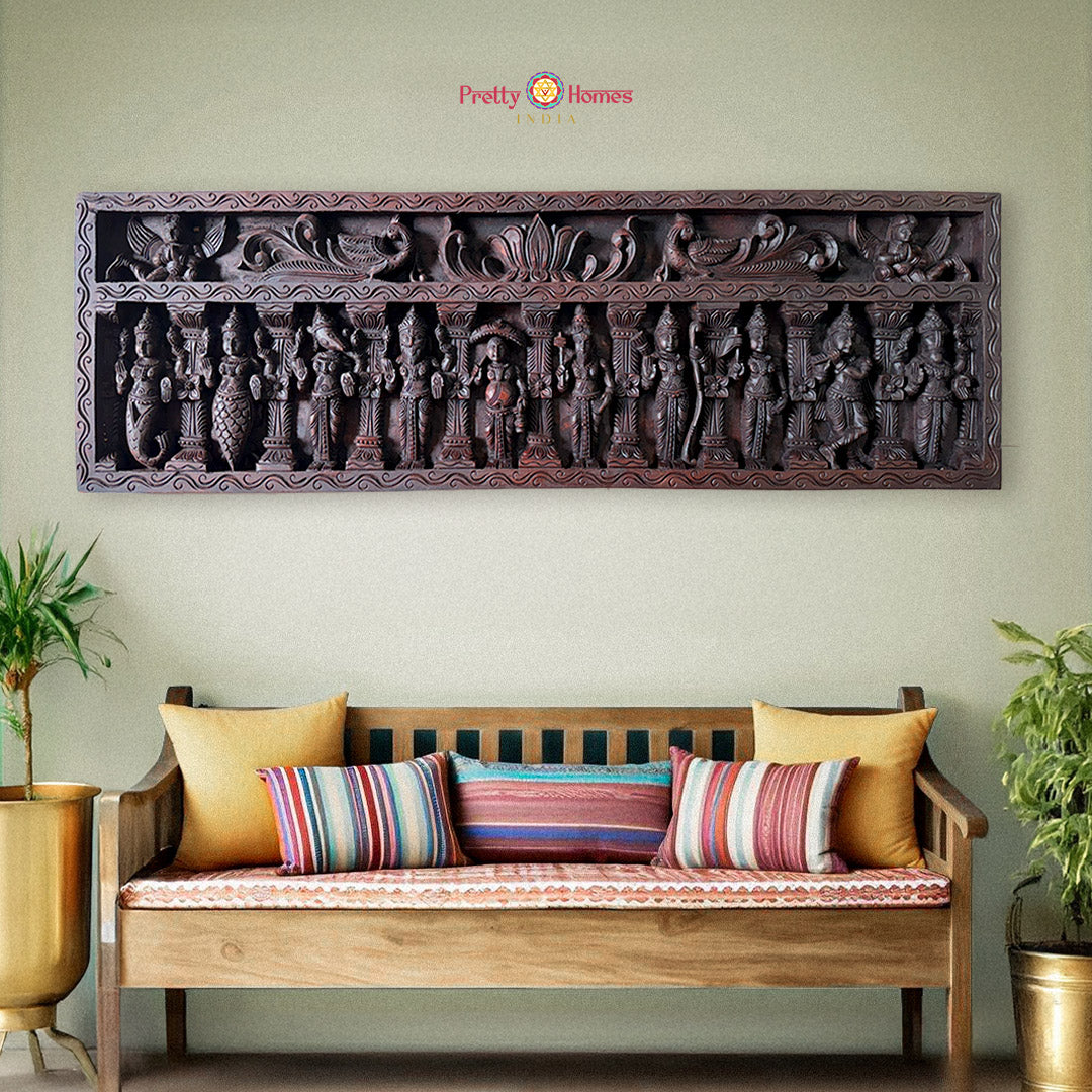 Handcarved Dasavtar wooden panel with gandharvas and lotus motifs