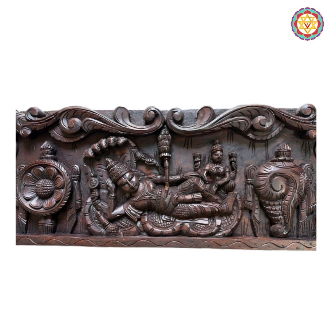 Horizontal Handcarved Panel – Lord Vishnu Resting / Ranganathar Swamy with Shankh & Chakra