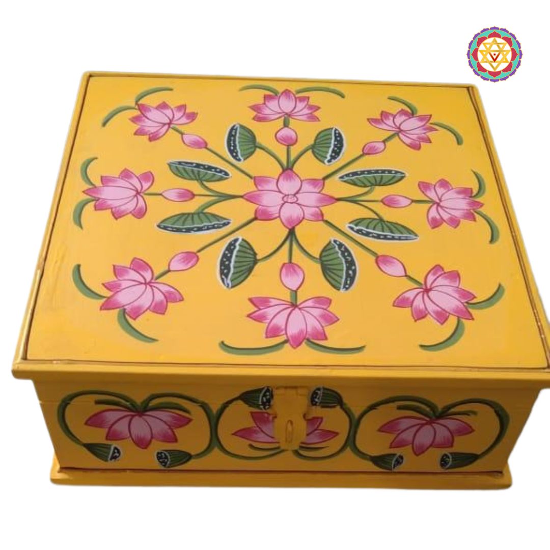 Medium Mulpurpose Pichwai Painted Storage Boxes. Yellow