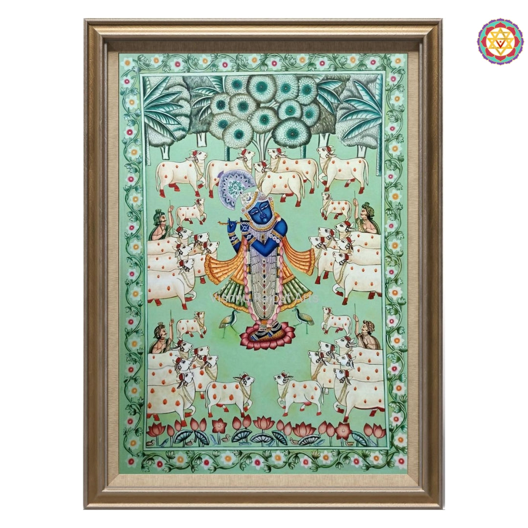 Detailed close-up of Shreenathji with cows Pichwai painting showing fine brushwork and floral patterns