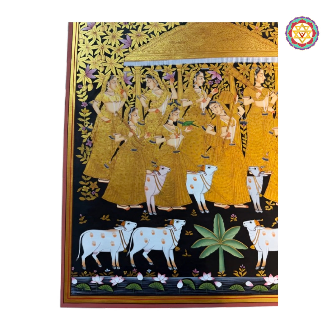 Musical apsaras Pichwai artwork with authentic gold accents heritage inspired luxury temple decor painting