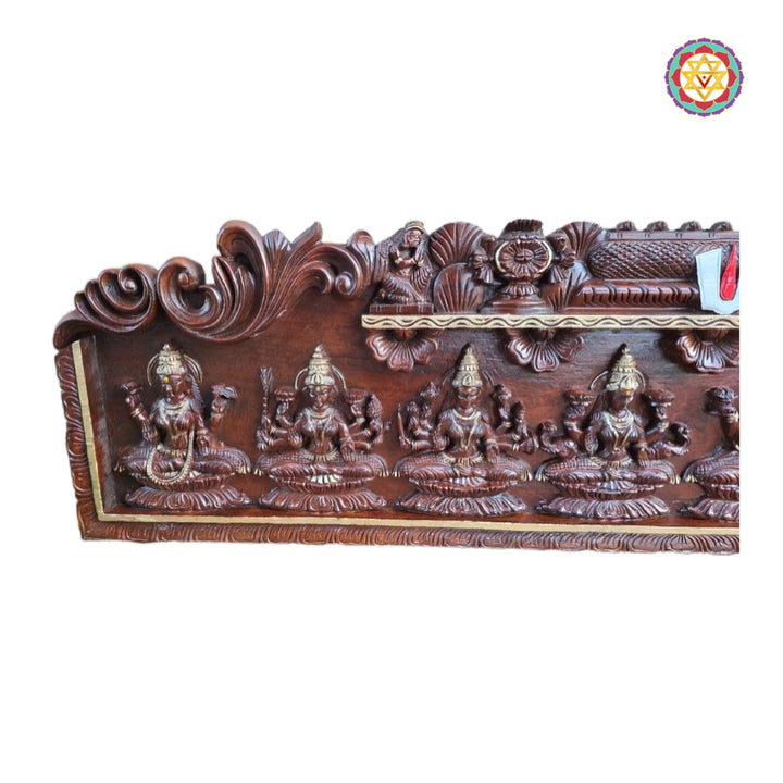 Close-up detailing of Ashtalakshmi carvings with gopuram-style temple design