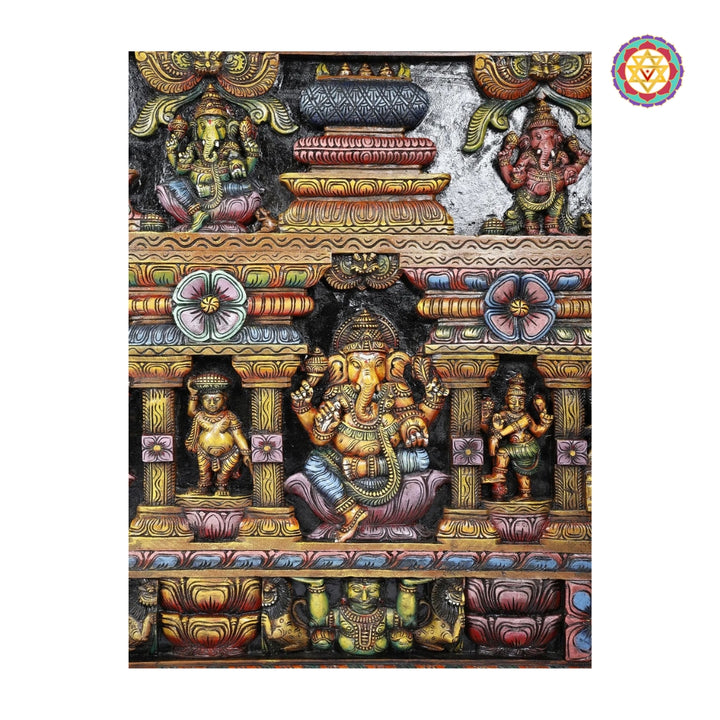 Close-up detailing of Lord Ganesha carving in large horizontal wall panel
