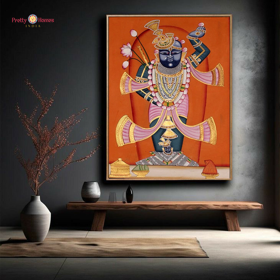 Decorative Pichwai art showing Krishna with devotees in detailed narrative scenes