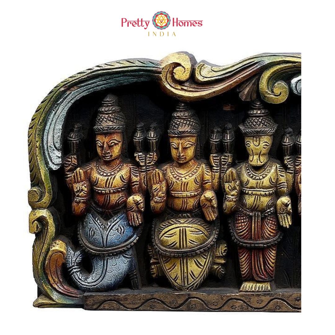 Front view of Dasavtaram wooden wall panel — intricate deity carvings, handcrafted traditional Indian temple art