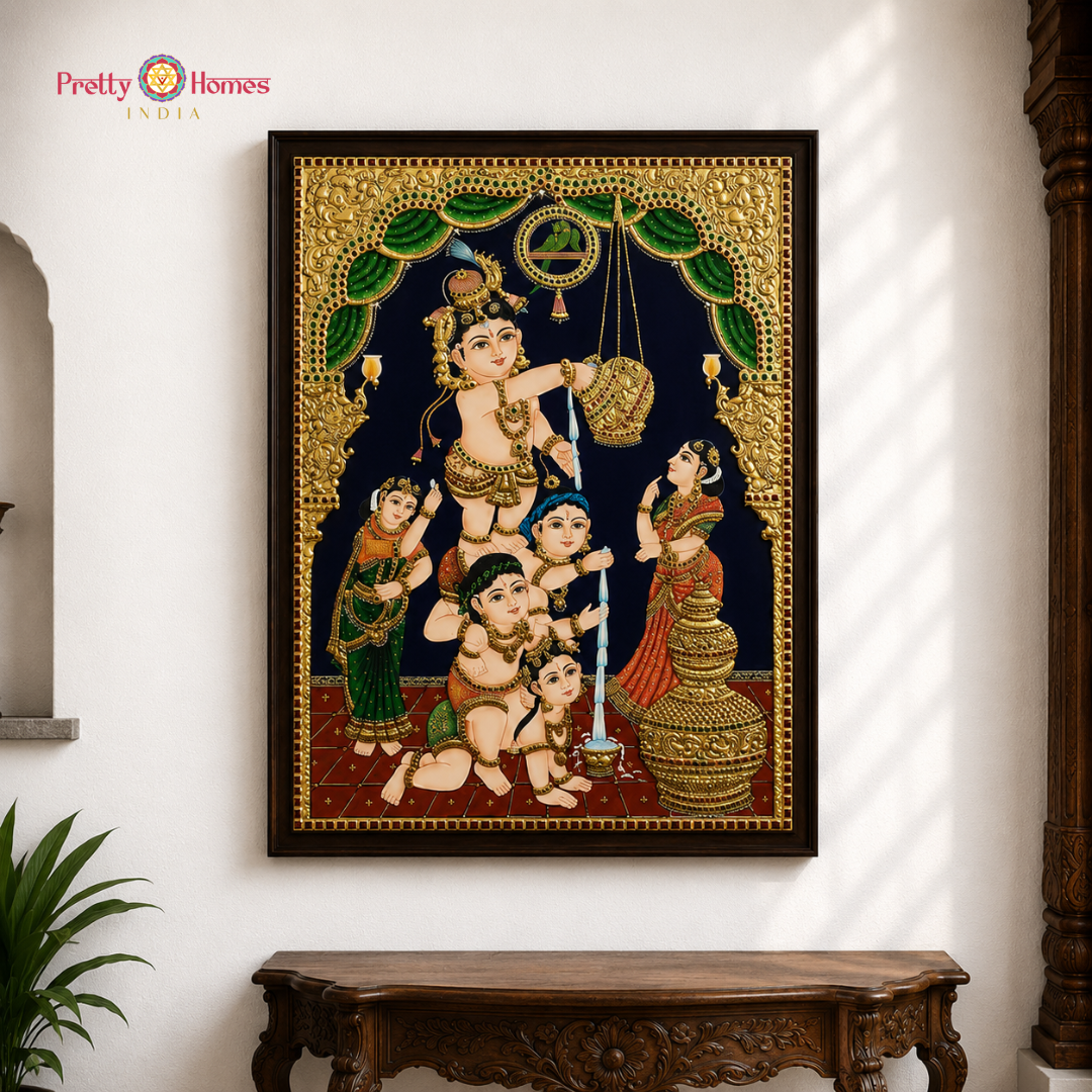 Makhan Chor Lord Krishna with Sakhas Tanjore in Real Gold