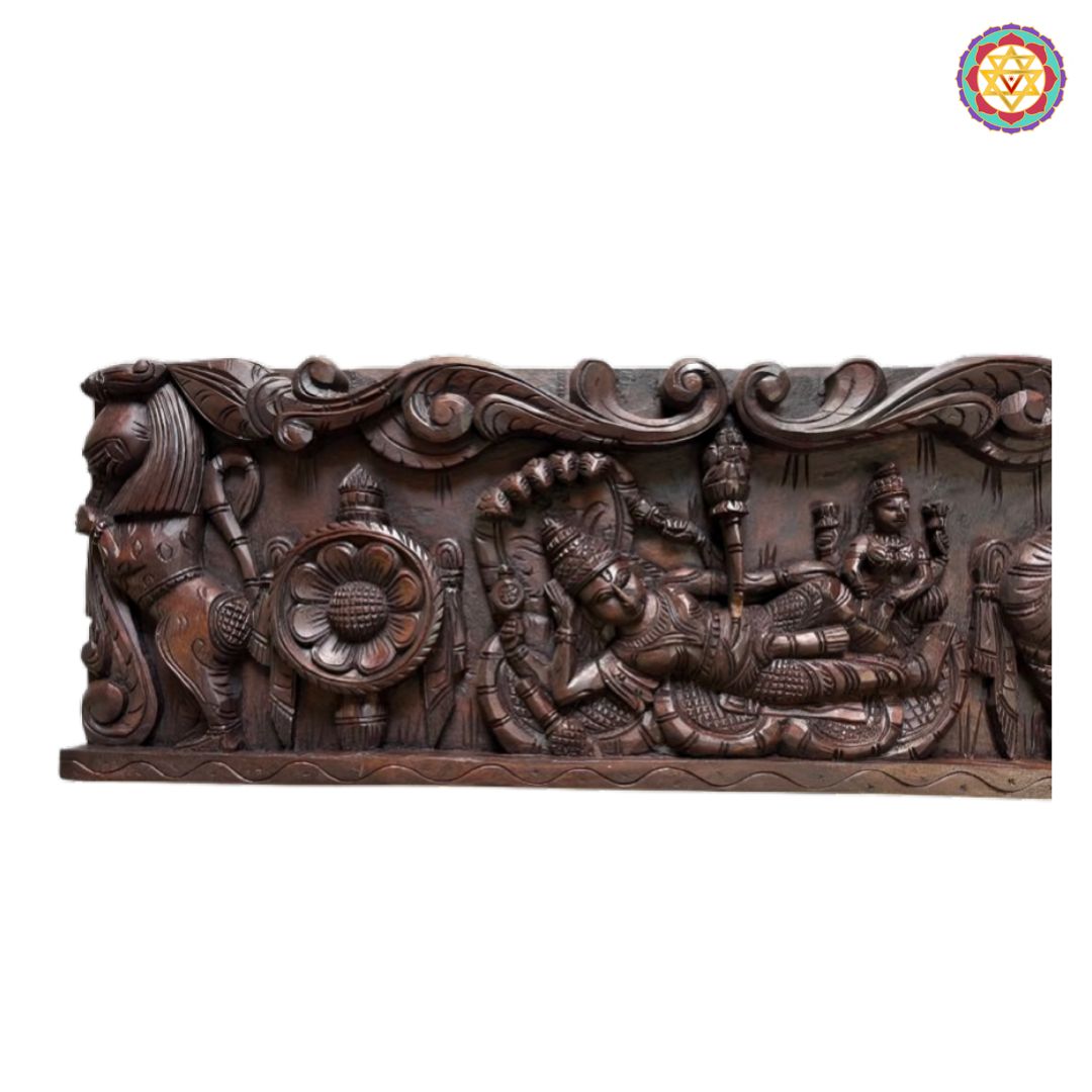 Horizontal Handcarved Panel – Lord Vishnu Resting / Ranganathar Swamy with Shankh & Chakra