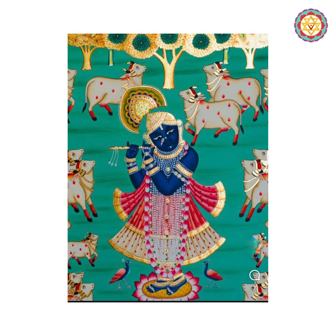 angled view showing shrinathji and cows in blue pichwai style