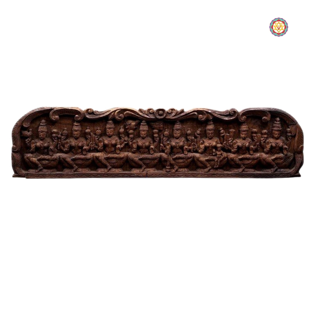 Wooden goddess Laxmi carving — Ashtalaxmi wall decor for interiors.