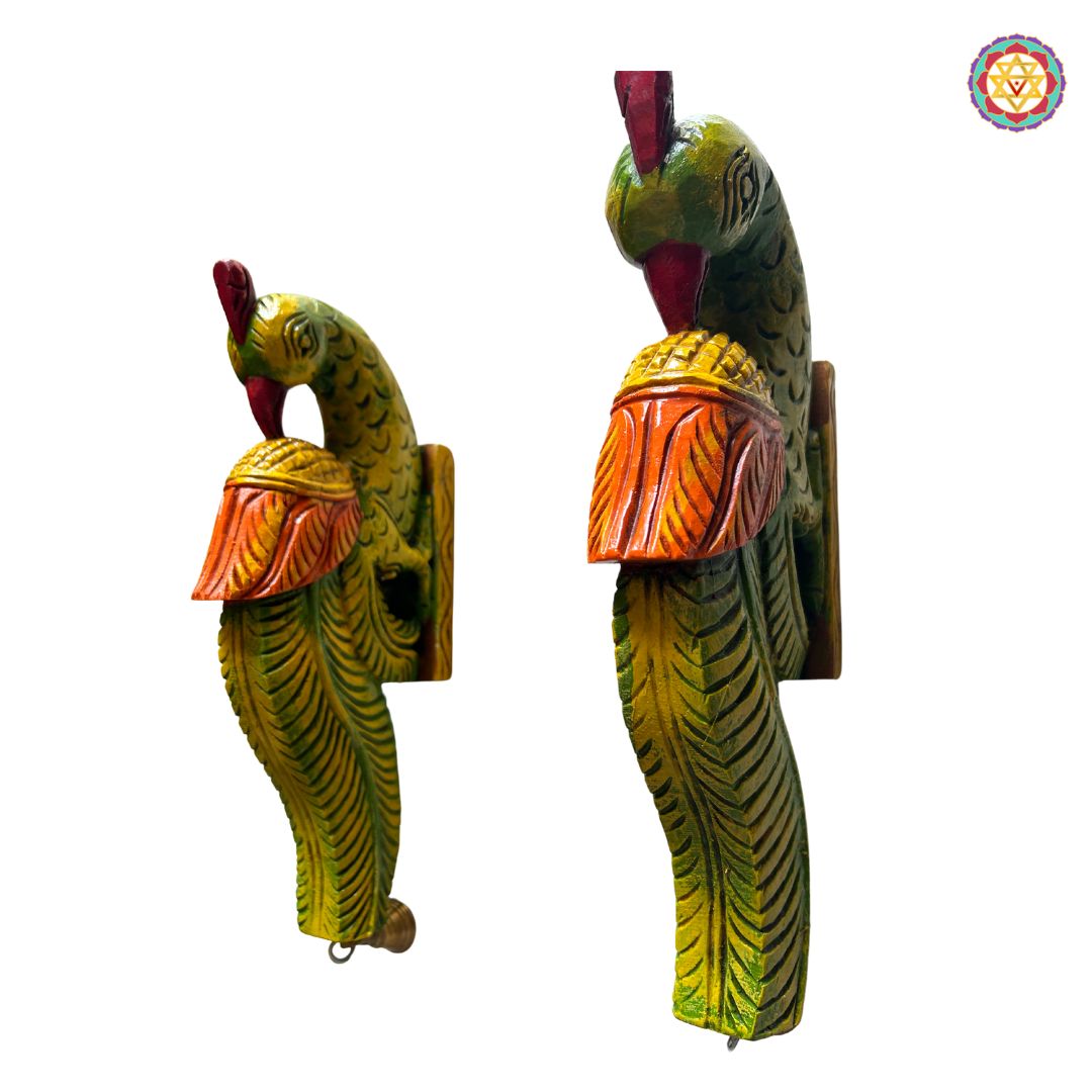 Front view of parrot wall hanging — detailed carving and antique polish, handcrafted wooden decor piece