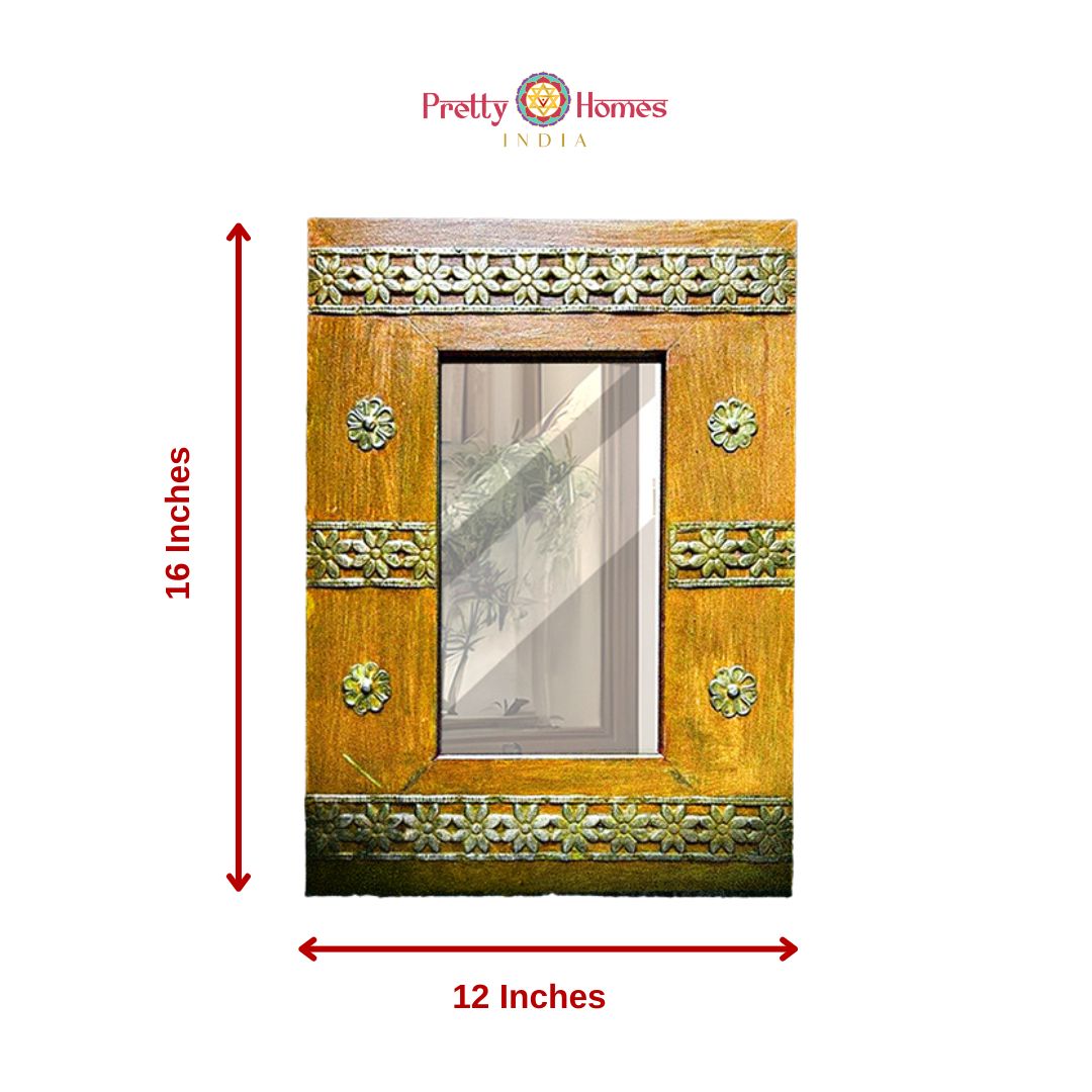 Yellow wooden mirror with brass inlay – 16x12 inches