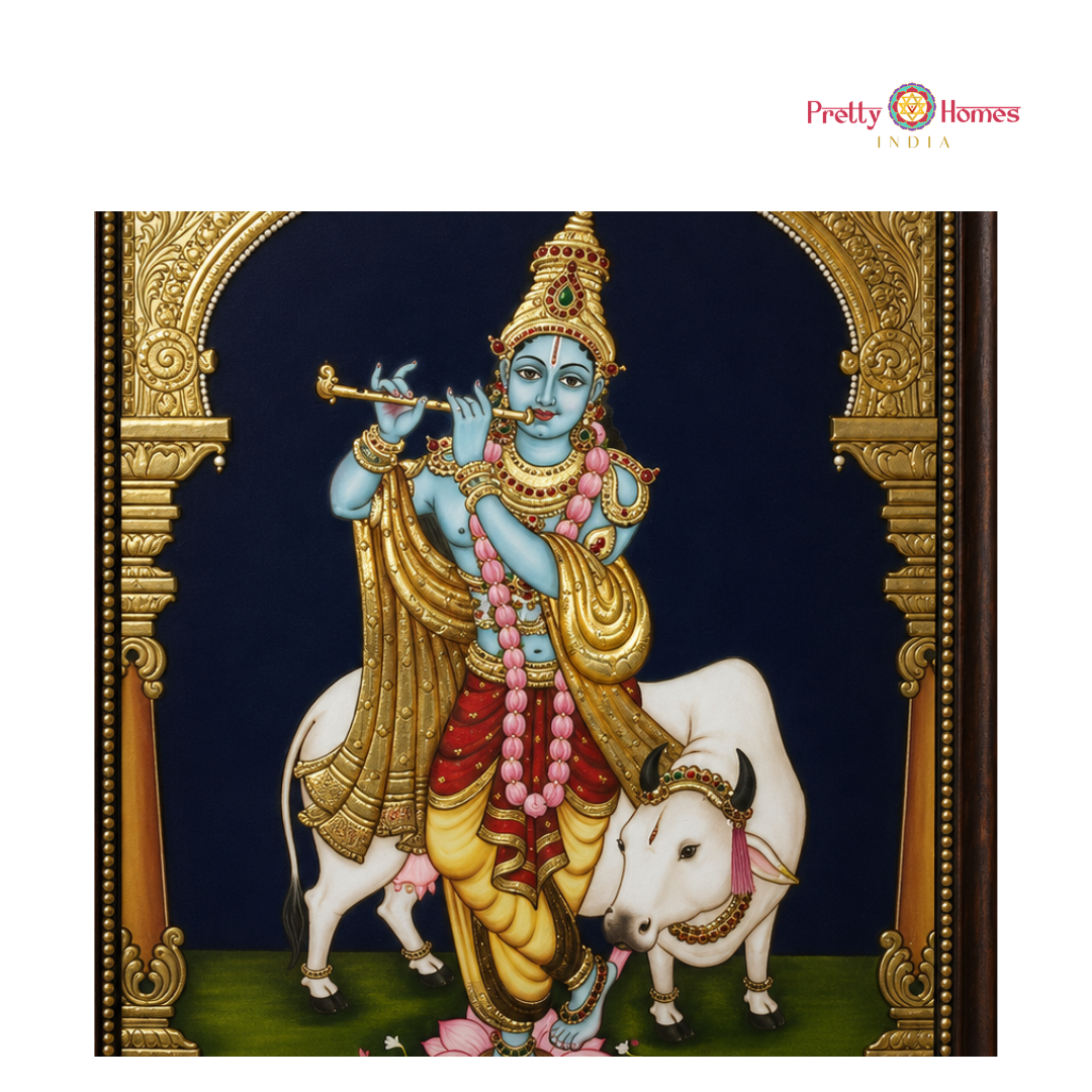 Aesthetic Flute-Playing Cow Krishna Tanjore in Real Gold