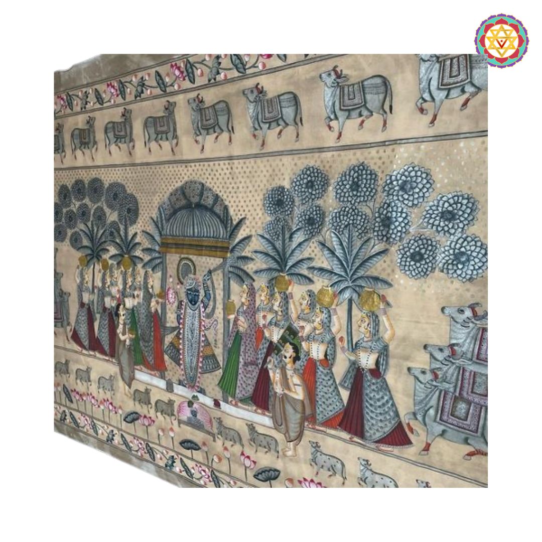 horizontal vintage finish handpainted pichwai rajbhog swaroop room-styled image showing the painting on a heritage wall display