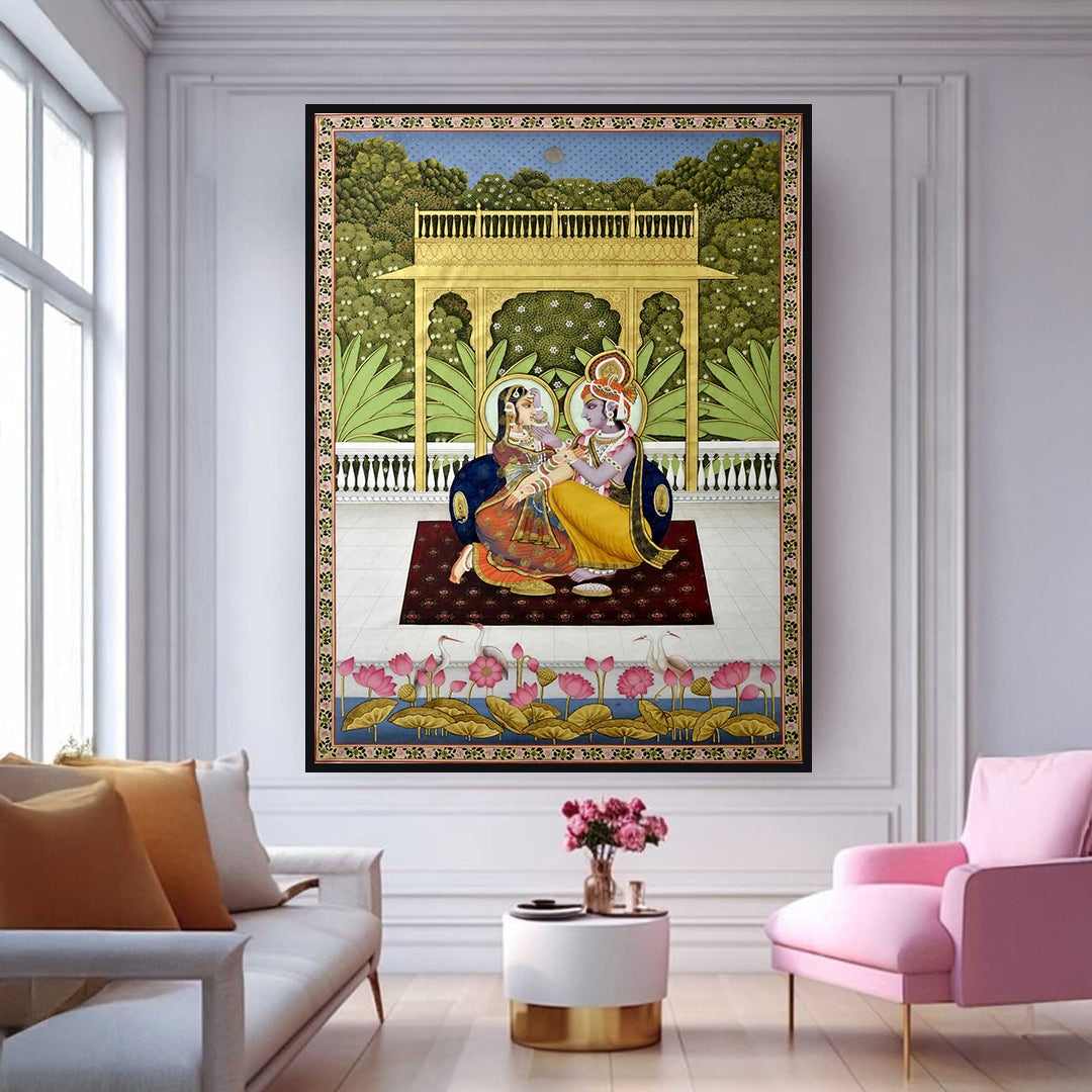 Hand-painted Pichwai depicting Radha Krishna — mesmerizing traditional Indian artwork with natural pigments and fine detailing