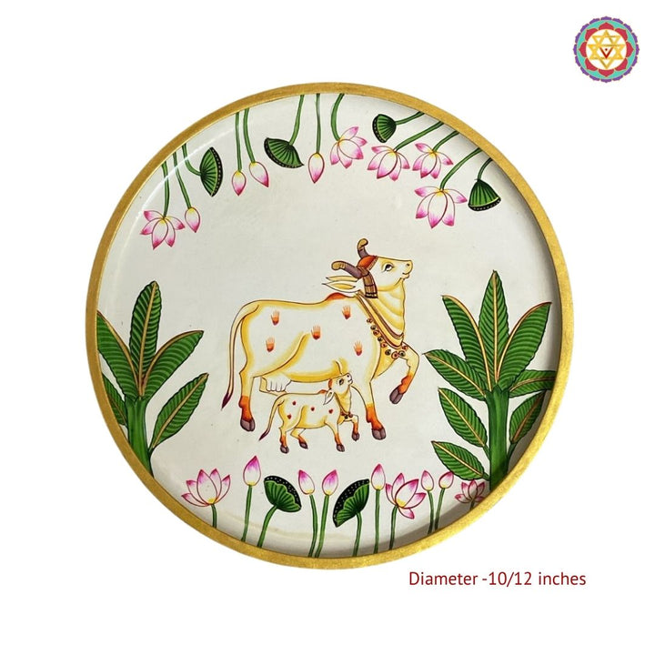 Pichwai -handpainted wall plate off white-cow & calf with lotus and leaves