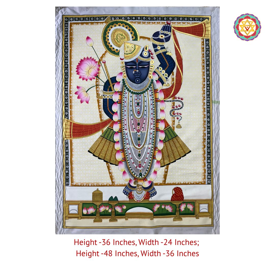 room-styled display showing shrinathji floral border pichwai on wall