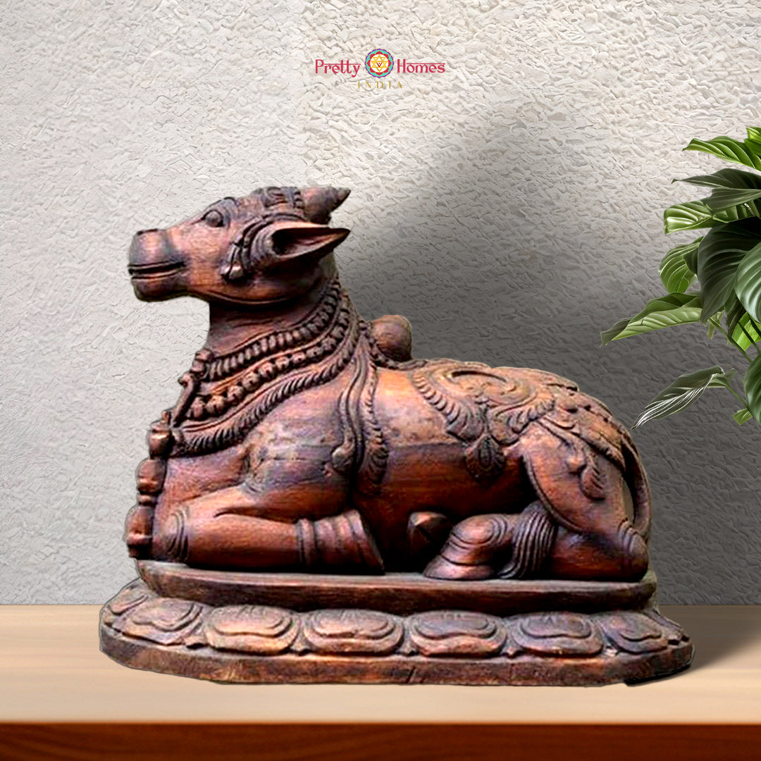 Handcarved wooden Nandi sculpture with detailed artistic carvings