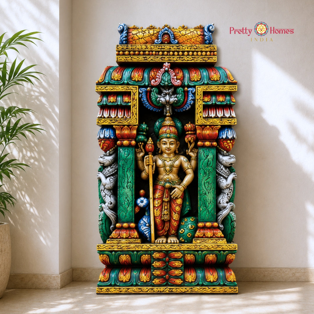 Wood-Carved Lord Murugan Wall Panel