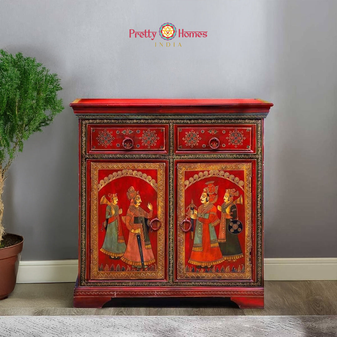 hand-painted wooden side cabinet with royal king paintings