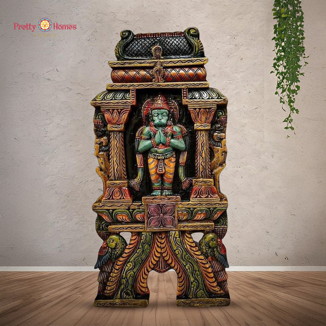 Hand-carved wooden wall panel depicting Lord Hanuman and Goddess Lakshmi Kavadi — antique gold finish, spiritual wall hanging decor