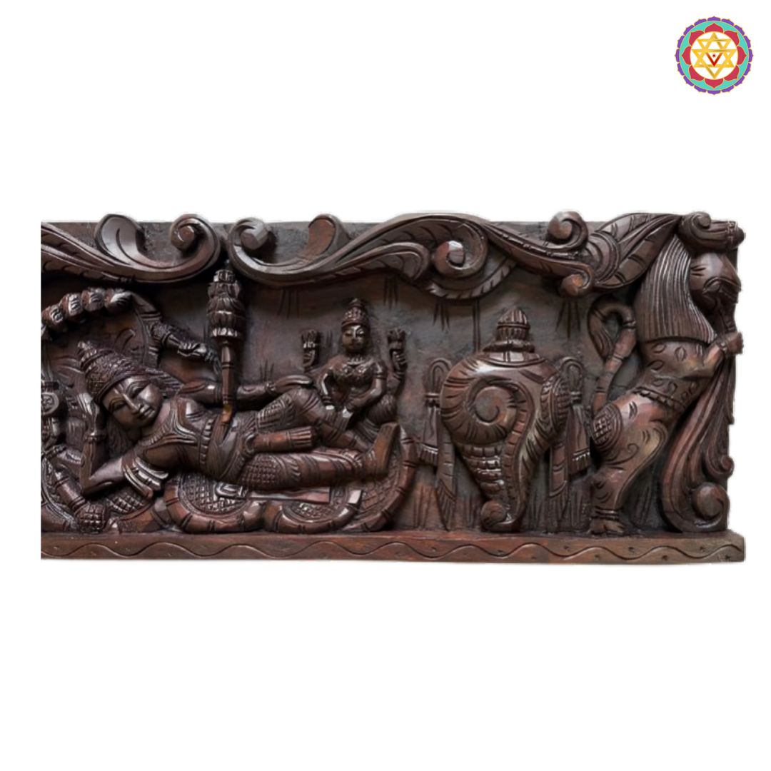 Horizontal Handcarved Panel – Lord Vishnu Resting / Ranganathar Swamy with Shankh & Chakra
