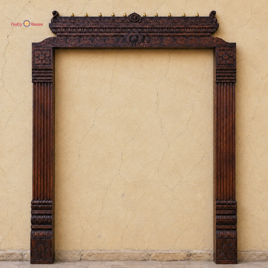 Wood-Carved Chettinad-Style Gopuram with Fluted Floral Pillars