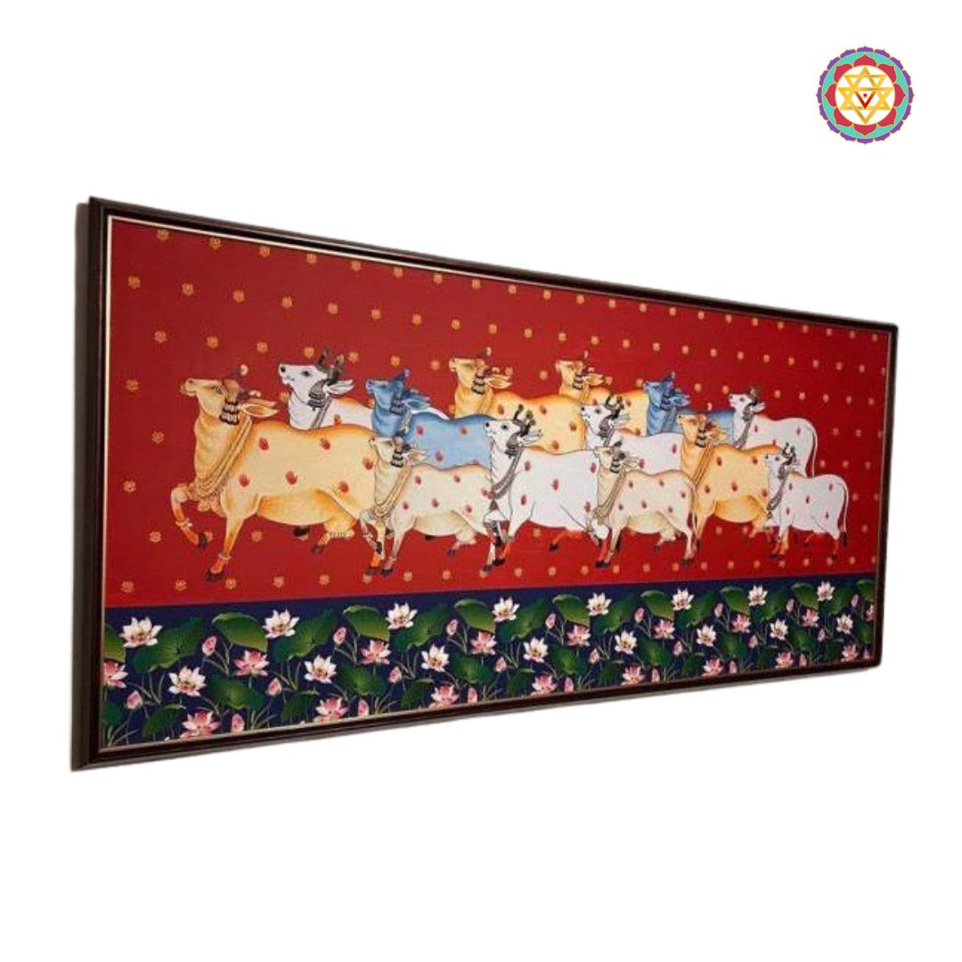 lifestyle view of pichwai wall plate showing cows and lotus, ready-to-hang devotional décor