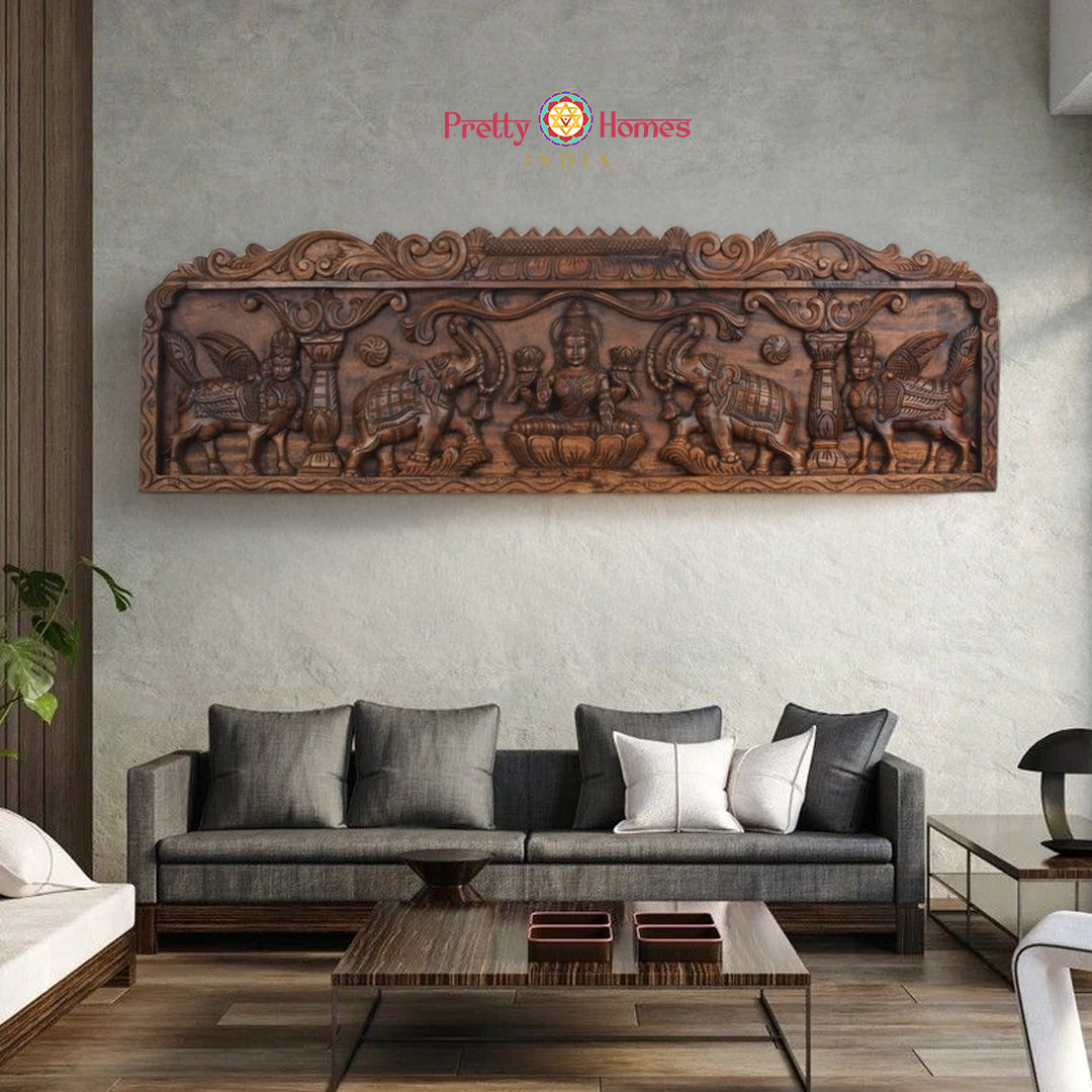 horizontal gopuram style carved gajalakshmi with kamdhenu panel full carved artwork showing Gajalakshmi and kamdhenu motifs