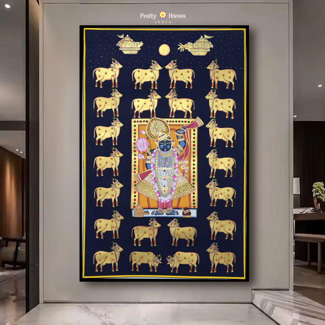 hand-painted pichwai painting -Shrinathji with Golden Cows