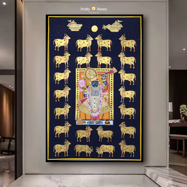 hand-painted pichwai painting -Shrinathji with Golden Cows