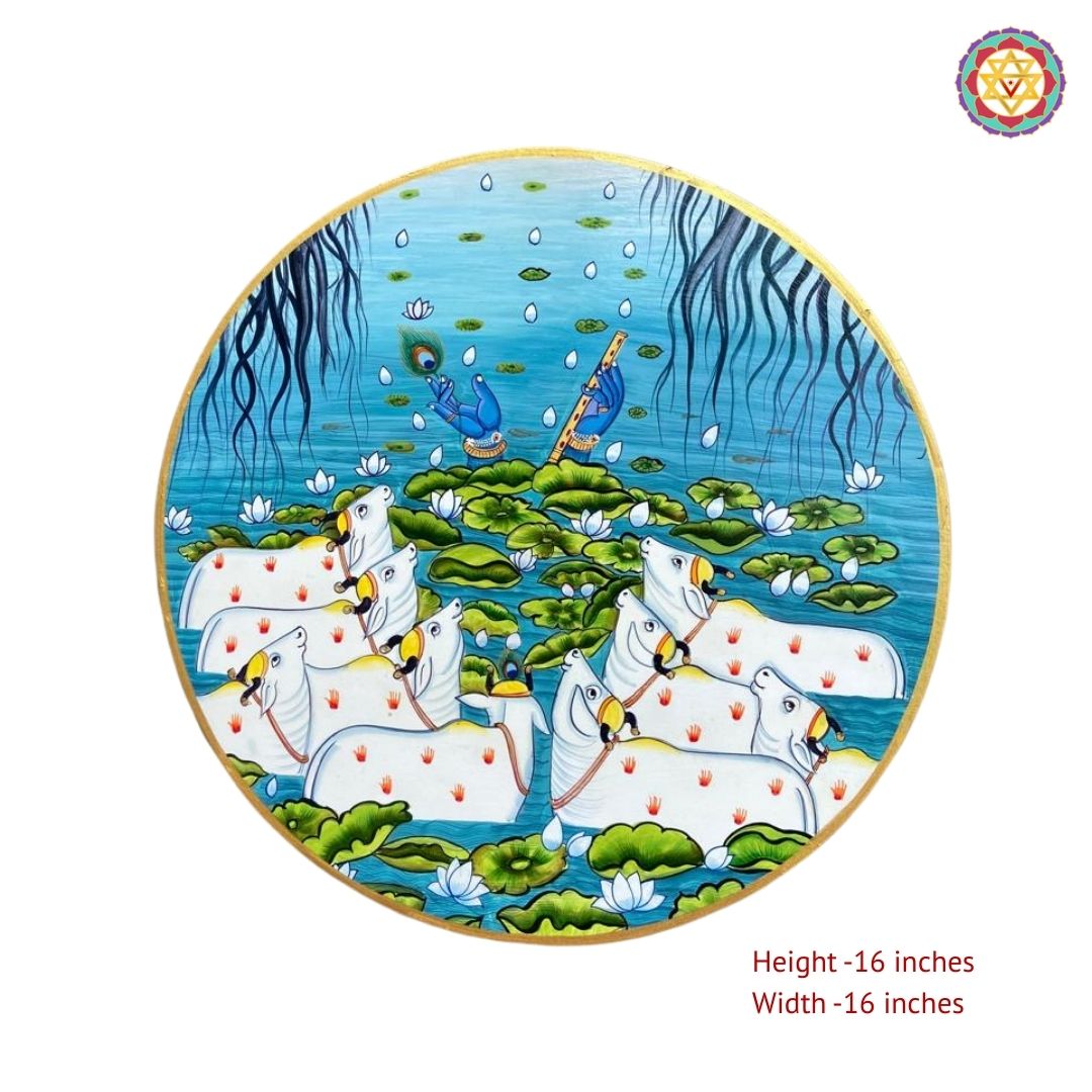 Close view of Krishna flute pichwai wall plate with cows and lotus motifs
