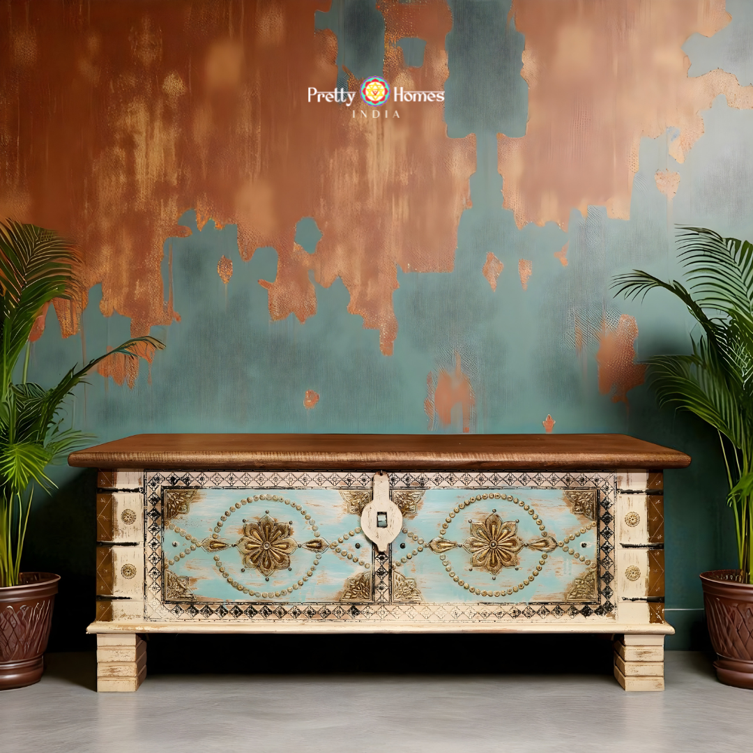 Large Wood-Carved Storage Trunk / Coffee Table with Brass Work