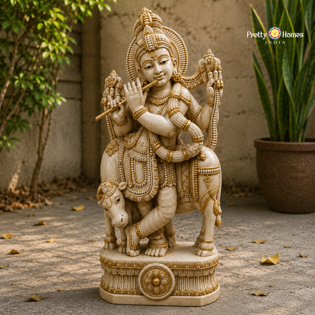 Wood-Carved Ivory Krishna with Cows