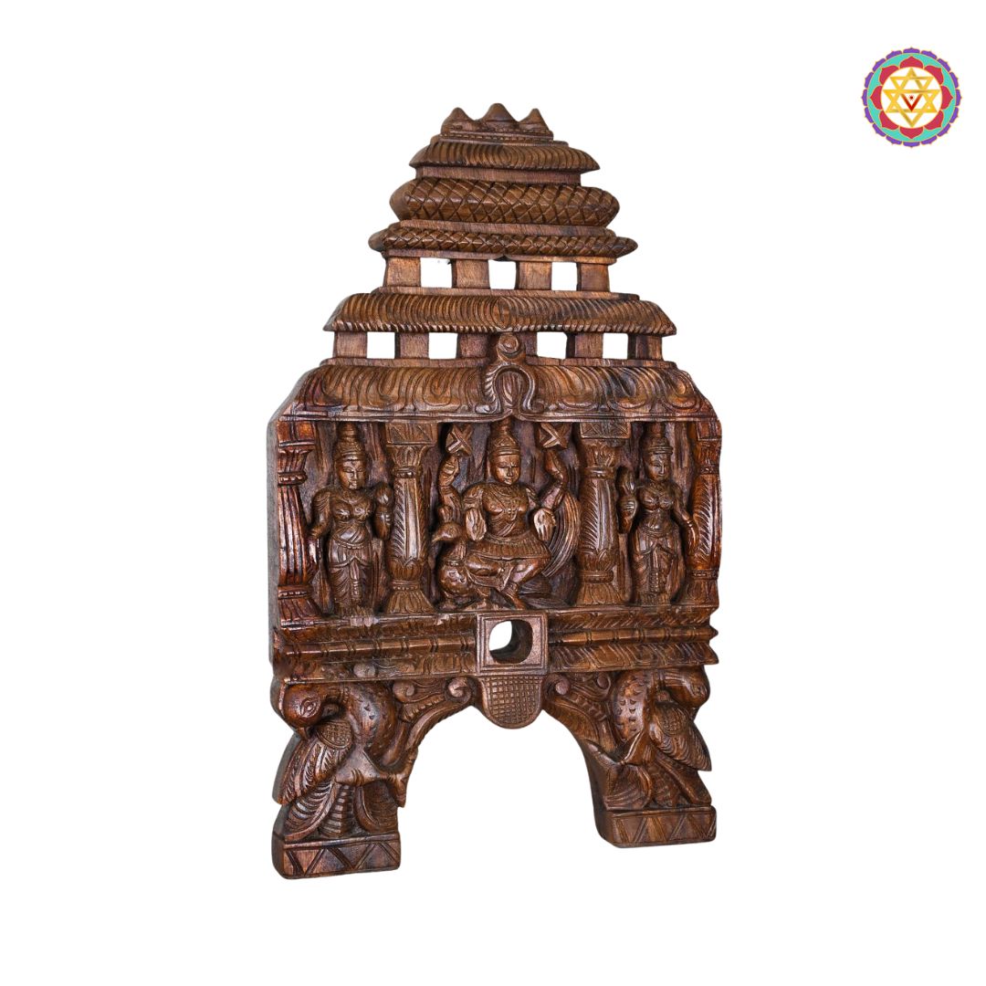 Carved wooden temple sculpture on a white background. Full Murugan kavadi wall panel in traditional design