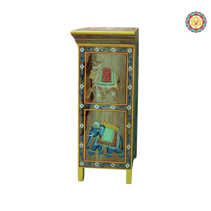 Wooden Handpainted Storage Cabinet – Side Cabinet with Floral &amp; Elephant Paintings
