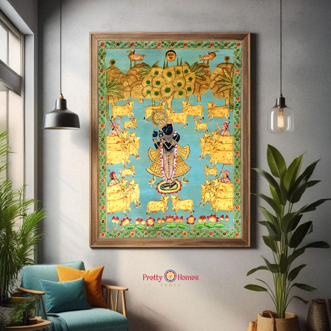 Shrinathji pichwai in blue depicting cows and cowherds in detailed art