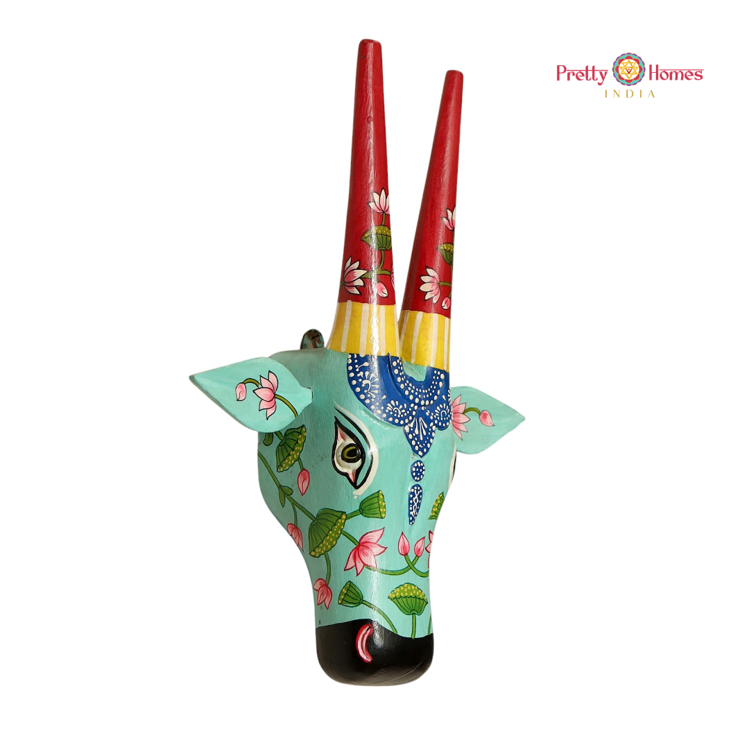 Blue & Red Hand-Painted Cow Head with Lotuses