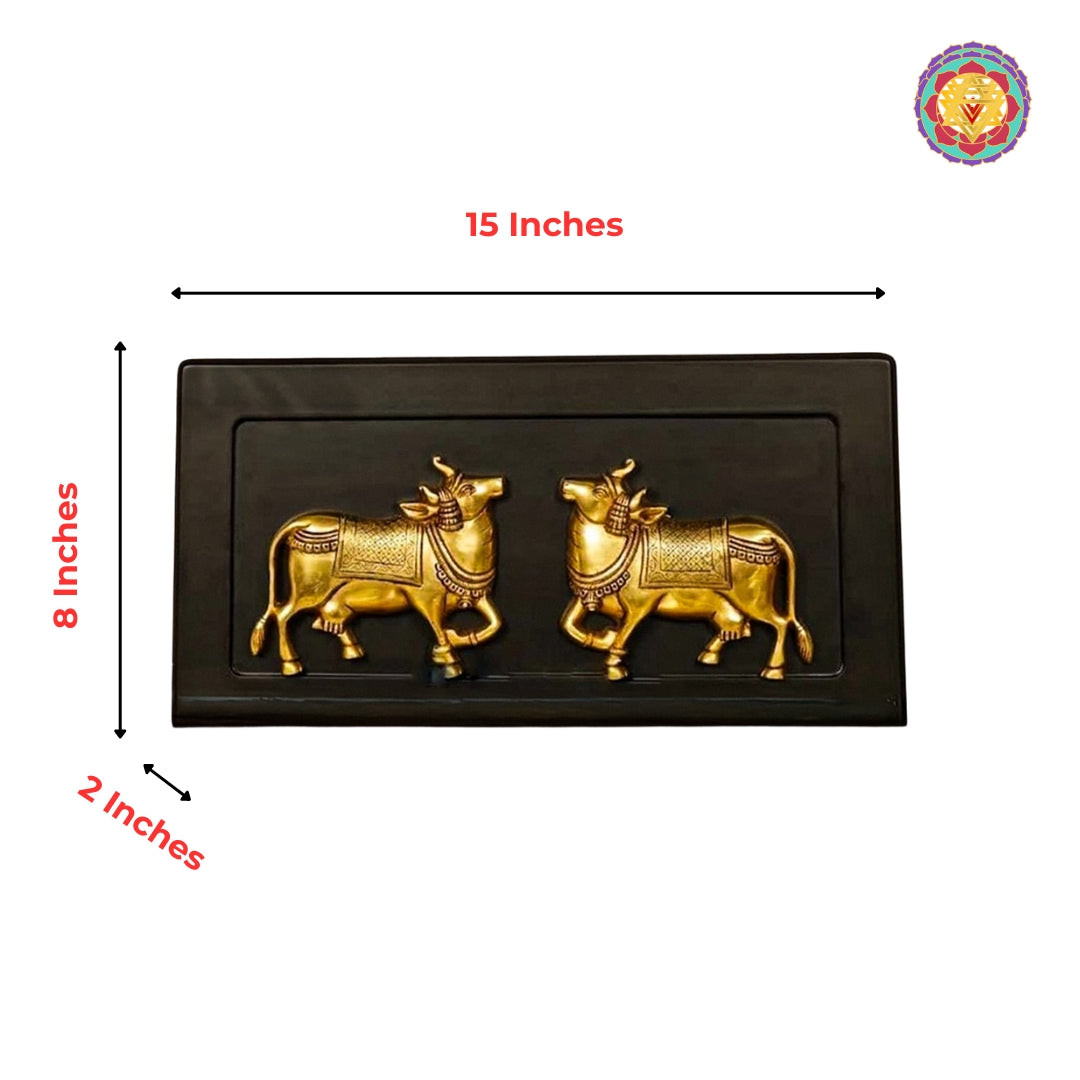 Wooden wall hanging with brass cow — artisan handcrafted Indian piece
