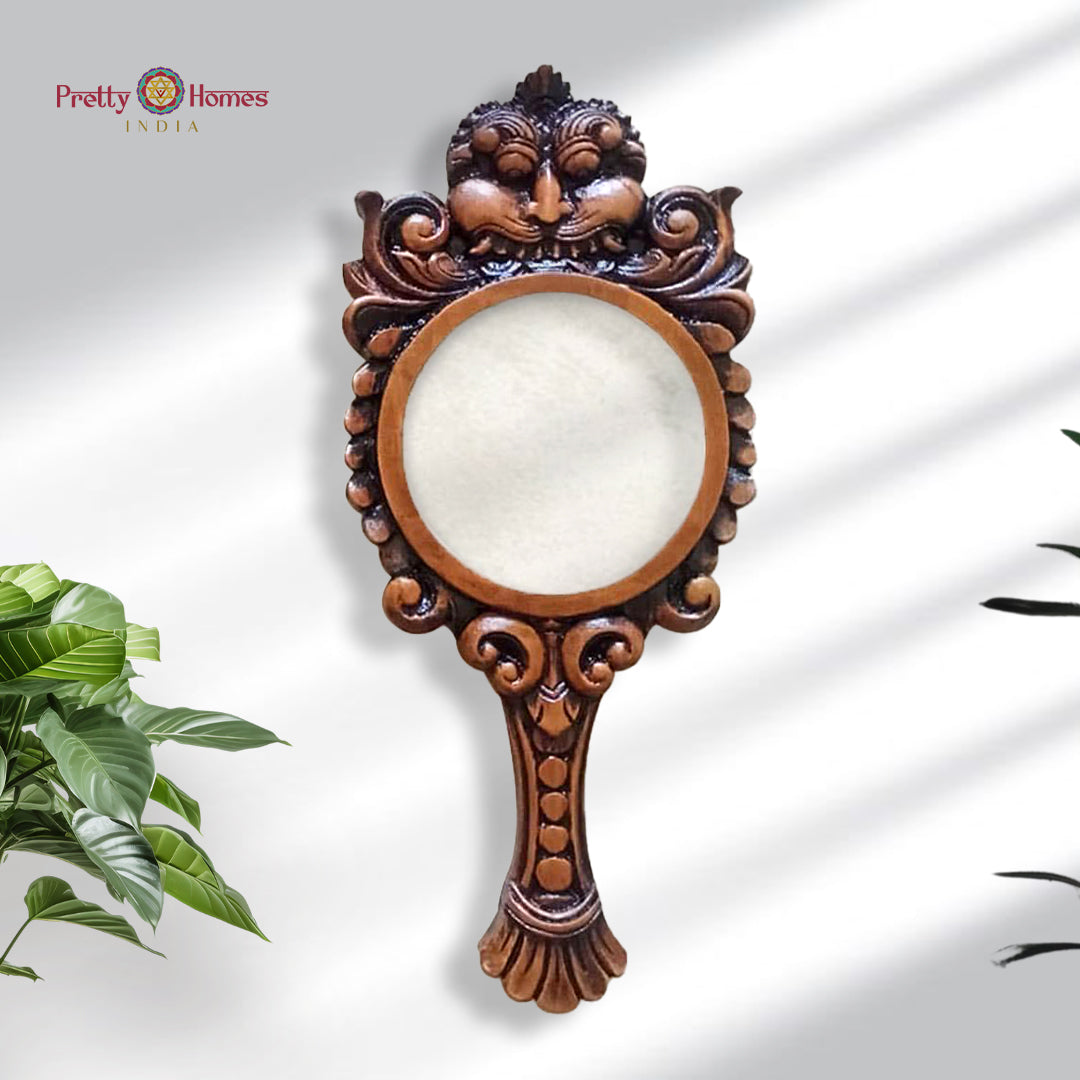 Wooden mirror frame with Yali/Kirthimukh carving and vintage yellow paint
