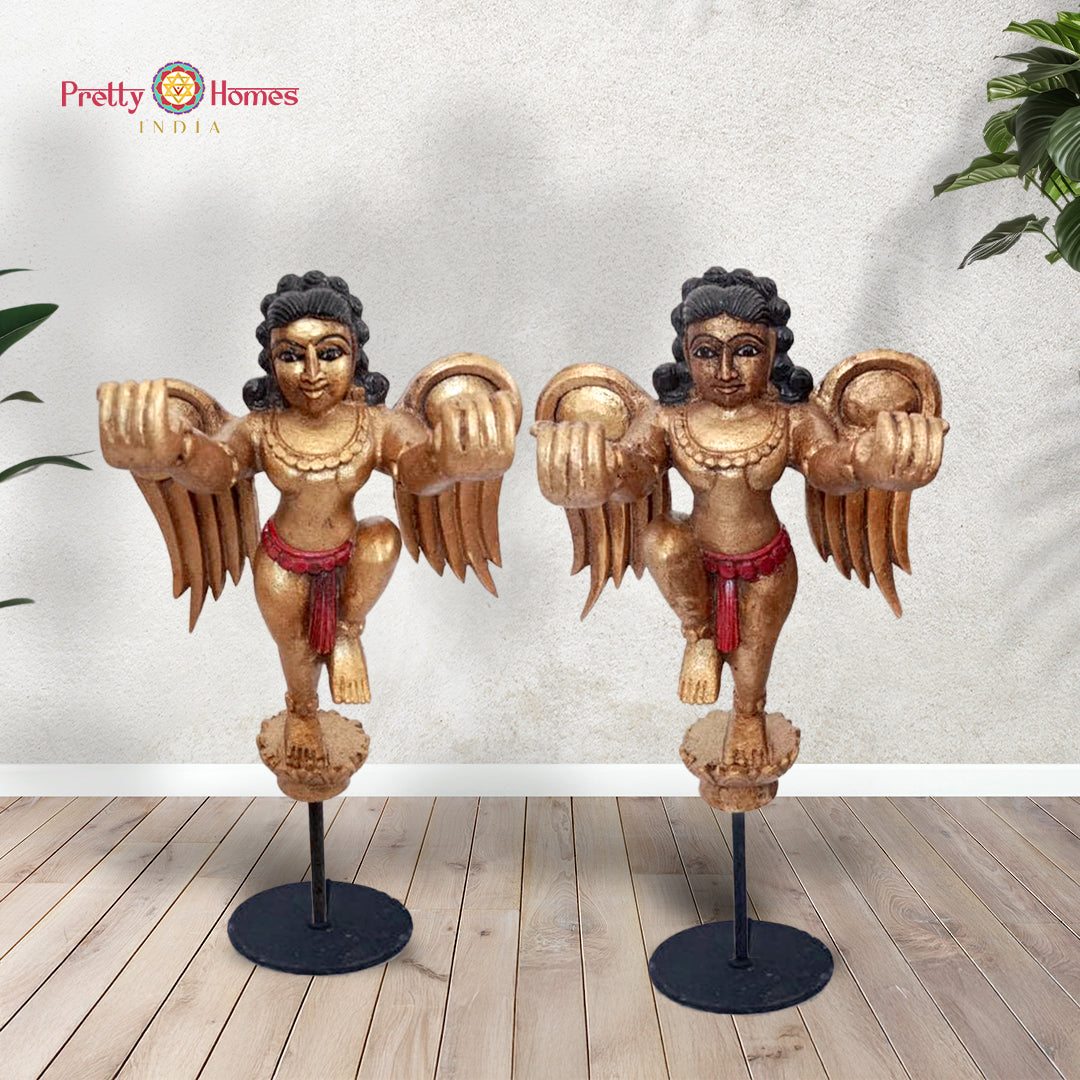 Single hand-carved wooden Gandharva Indian angel tabletop sculpture — antique gold brown finish, elegant spiritual home decor accent