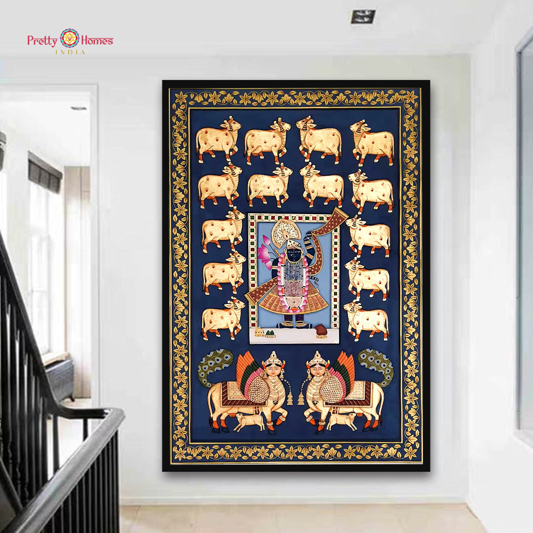 Shrinathji Darshan – Handpainted Pichwai with Cows & Kamdhenu Pair