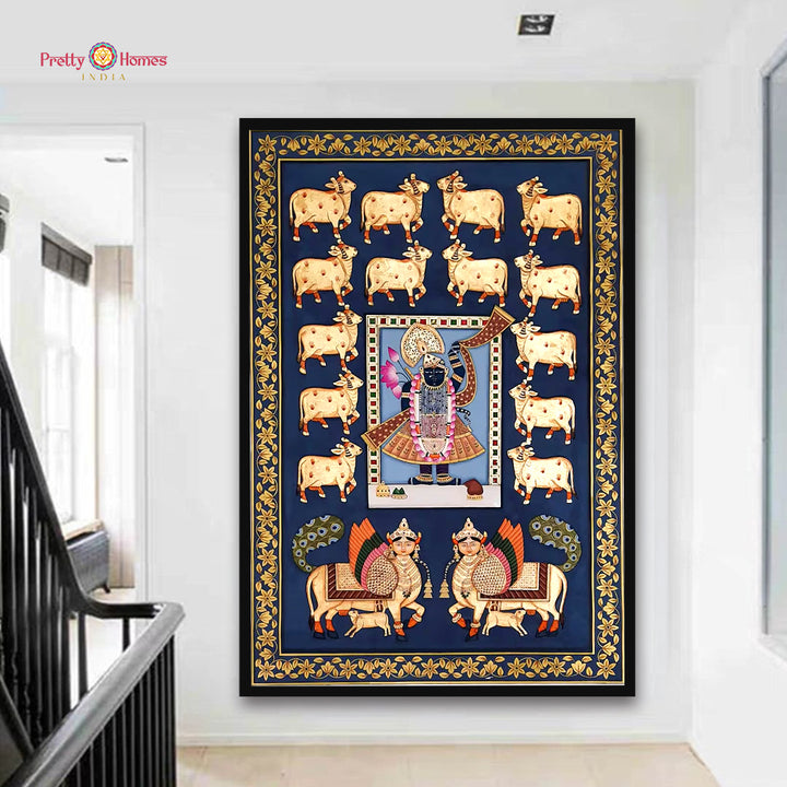 Shrinathji Darshan – Handpainted Pichwai with Cows & Kamdhenu Pair