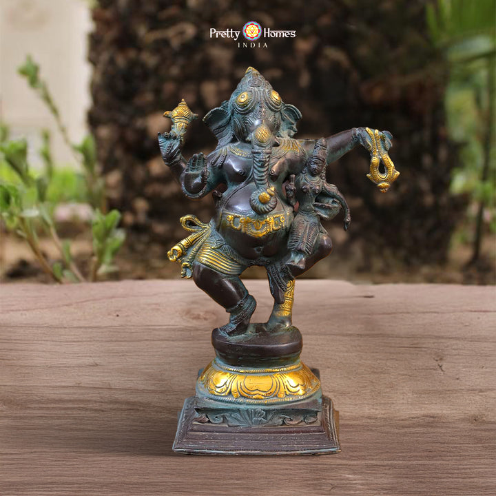 Brass Dancing Ganesh Idol – Vintage Black Patina with Golden Grace (11”)