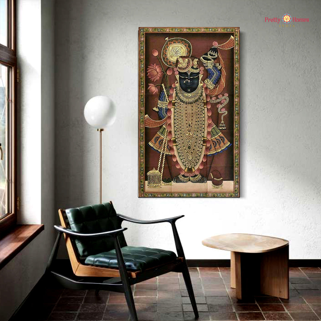 Hand-painted Pichwai scene showing devotees and Krishna in a vibrant pastoral setting